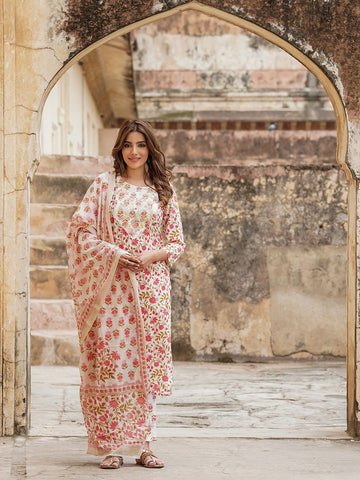 Pink And White cotton Straight Kurta Bottom And Dpatta