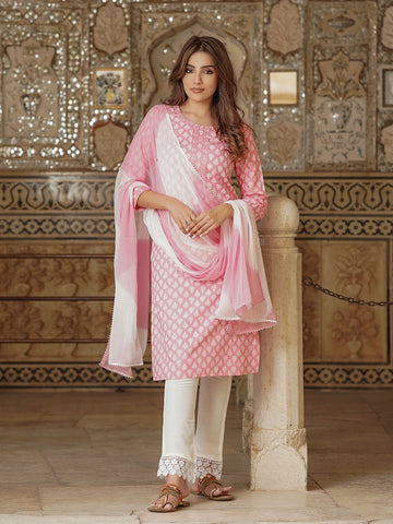 Pink Viscose Rayon Straight Kurta Bottom And Dpatta