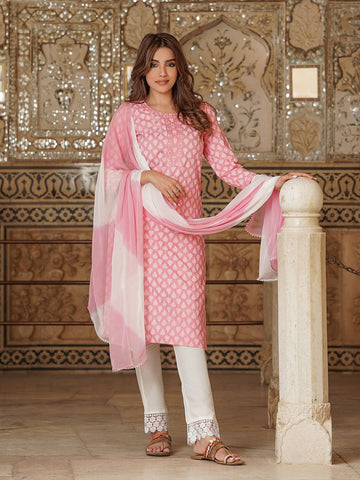 Pink Viscose Rayon Straight Kurta Bottom And Dpatta