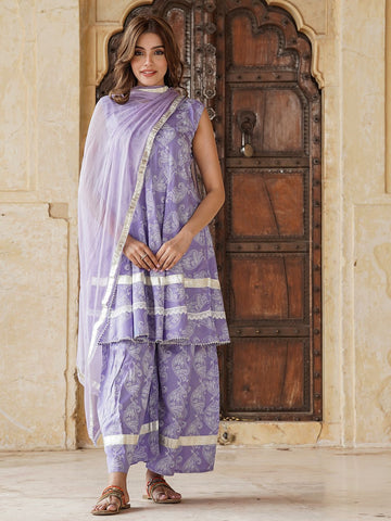 Purple Viscose Rayon A-Line Kurta Bottom And Dpatta