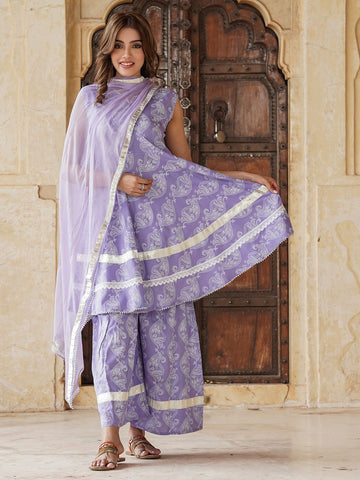 Purple Viscose Rayon A-Line Kurta Bottom And Dpatta