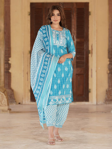 Blue cotton Straight Kurta Bottom And Dpatta