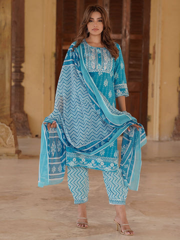 Blue cotton Straight Kurta Bottom And Dpatta