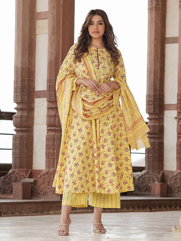 Yellow cotton Anarkali Kurta Bottom And Dpatta