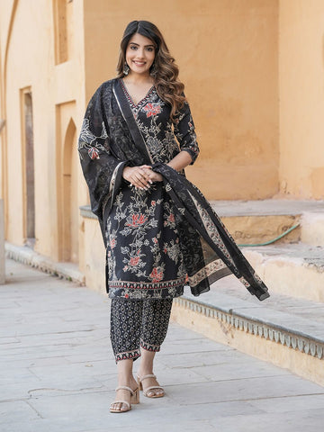 Black Floral Printed Thread Work Pure Cotton Kurta with Harem Pant & With Dupatta