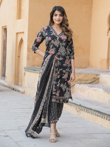 Black Floral Printed Thread Work Pure Cotton Kurta with Harem Pant & With Dupatta