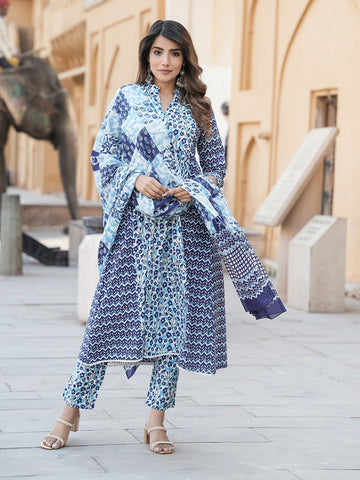 Blue Ethnic motifs Anarkali Kurta Trousers Dupatta Set