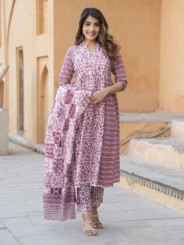 Mauve Ethnic motifs Anarkali Kurta Trousers Dupatta Set