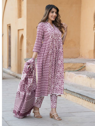 Mauve Ethnic motifs Anarkali Kurta Trousers Dupatta Set