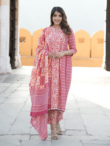 Pink Ethnic motifs Anarkali Kurta Trousers Dupatta Set