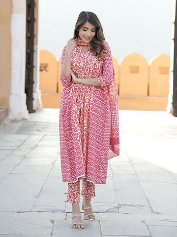 Pink Ethnic motifs Anarkali Kurta Trousers Dupatta Set