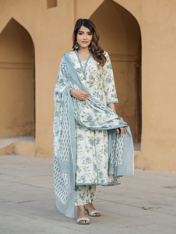 Grey And White Floral Print Anarkali Kurta Trousers Dupatta Set