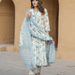 Grey And White Floral Print Anarkali Kurta Trousers Dupatta Set