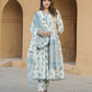 Grey And White Floral Print Anarkali Kurta Trousers Dupatta Set