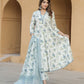 Grey And White Floral Print Anarkali Kurta Trousers Dupatta Set