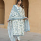 Grey And White Floral Print Anarkali Kurta Trousers Dupatta Set