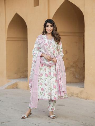 Peach And White Floral Print Anarkali Kurta Trousers Dupatta Set