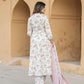 Peach And White Floral Print Anarkali Kurta Trousers Dupatta Set