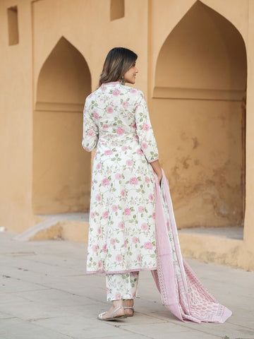 Peach And White Floral Print Anarkali Kurta Trousers Dupatta Set