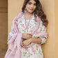 Peach And White Floral Print Anarkali Kurta Trousers Dupatta Set