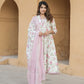 Peach And White Floral Print Anarkali Kurta Trousers Dupatta Set