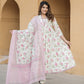 Peach And White Floral Print Anarkali Kurta Trousers Dupatta Set