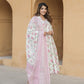 Peach And White Floral Print Anarkali Kurta Trousers Dupatta Set