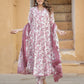 Mauve And White Floral Print Anarkali Kurta Trousers Dupatta Set