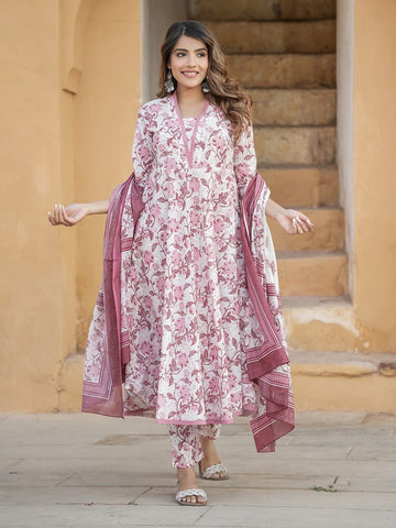 Mauve And White Floral Print Anarkali Kurta Trousers Dupatta Set