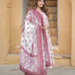 Mauve And White Floral Print Anarkali Kurta Trousers Dupatta Set