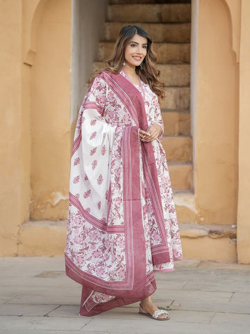 Mauve And White Floral Print Anarkali Kurta Trousers Dupatta Set