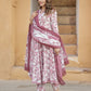 Mauve And White Floral Print Anarkali Kurta Trousers Dupatta Set