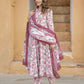 Mauve And White Floral Print Anarkali Kurta Trousers Dupatta Set