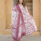 Mauve And White Floral Print Anarkali Kurta Trousers Dupatta Set