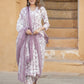 Pink And White Floral Print Anarkali Kurta Trousers Dupatta Set