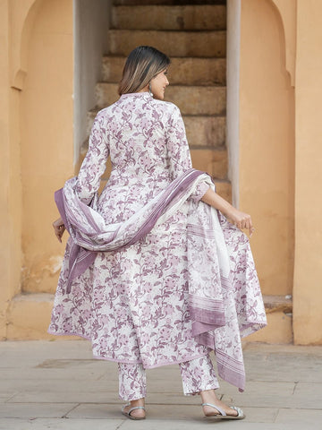 Pink And White Floral Print Anarkali Kurta Trousers Dupatta Set