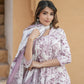 Pink And White Floral Print Anarkali Kurta Trousers Dupatta Set