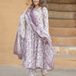 Pink And White Floral Print Anarkali Kurta Trousers Dupatta Set