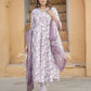 Pink And White Floral Print Anarkali Kurta Trousers Dupatta Set