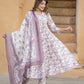 Pink And White Floral Print Anarkali Kurta Trousers Dupatta Set