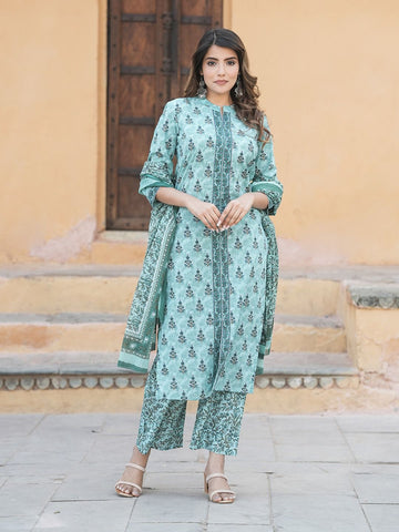 Teal Green Embroidered Straight Kurta Trousers Dupatta Set