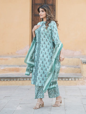 Teal Green Embroidered Straight Kurta Trousers Dupatta Set