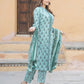 Teal Green Embroidered Straight Kurta Trousers Dupatta Set