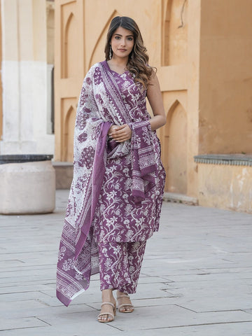 Purple Floral Print Straight Kurta Trousers Dupatta Set