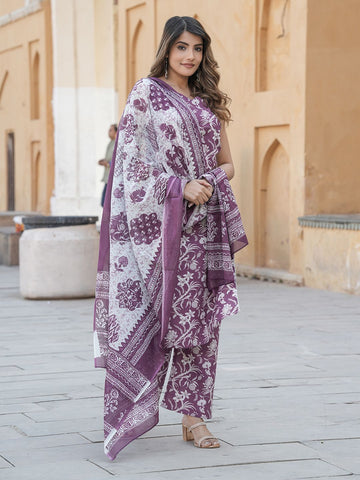 Purple Floral Print Straight Kurta Trousers Dupatta Set