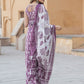 Purple Floral Print Straight Kurta Trousers Dupatta Set