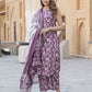 Purple Floral Print Straight Kurta Trousers Dupatta Set