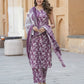 Purple Floral Print Straight Kurta Trousers Dupatta Set