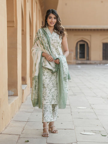 Green Floral Print Straight Kurta Trousers Dupatta Set