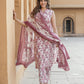 Mauve Floral Print Straight Kurta Trousers Dupatta Set